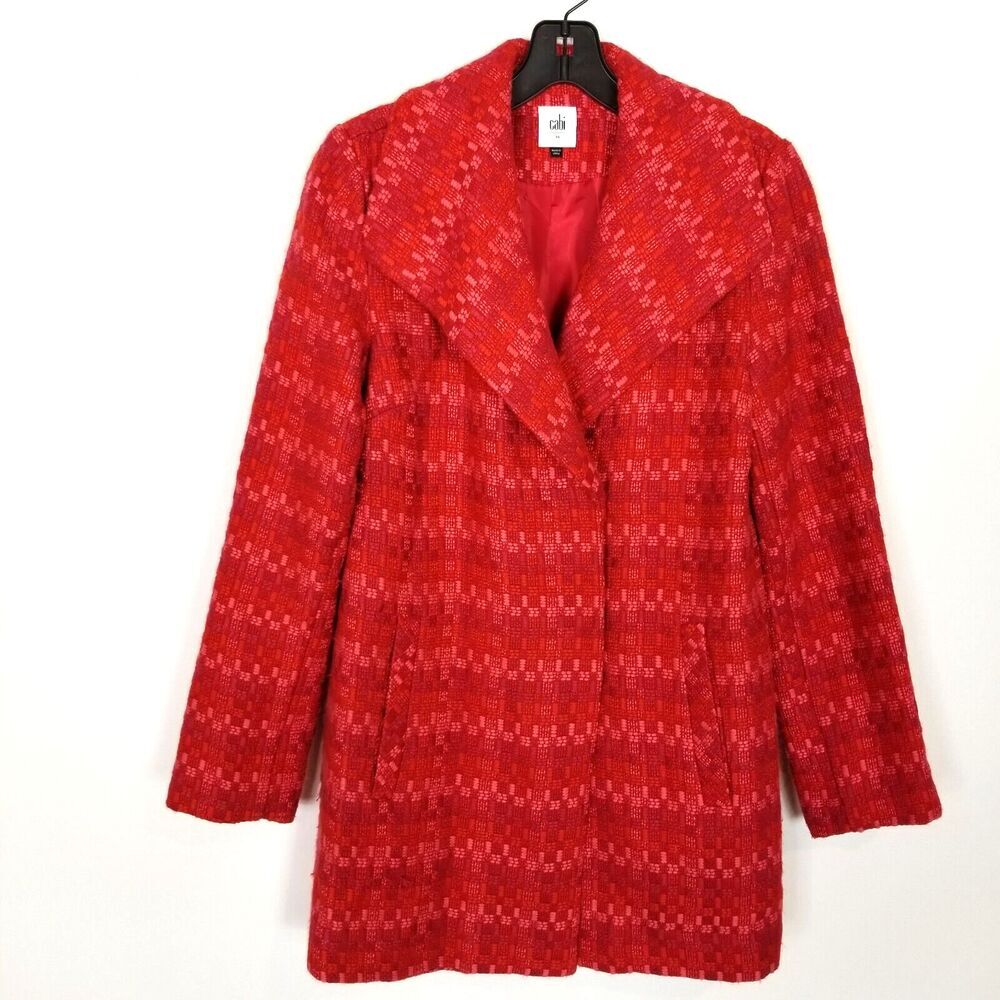 Cabi Women Sloan Wool‎ Blend Jacket Coat Sz XS Red Button Up Printed
